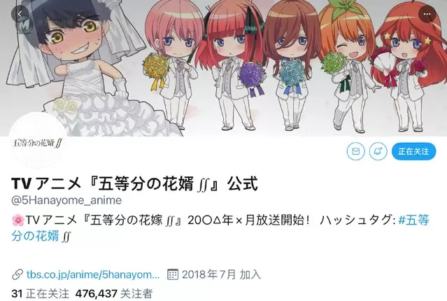 「五等分的花嫁」官推更名为「五等分の花婿∬」